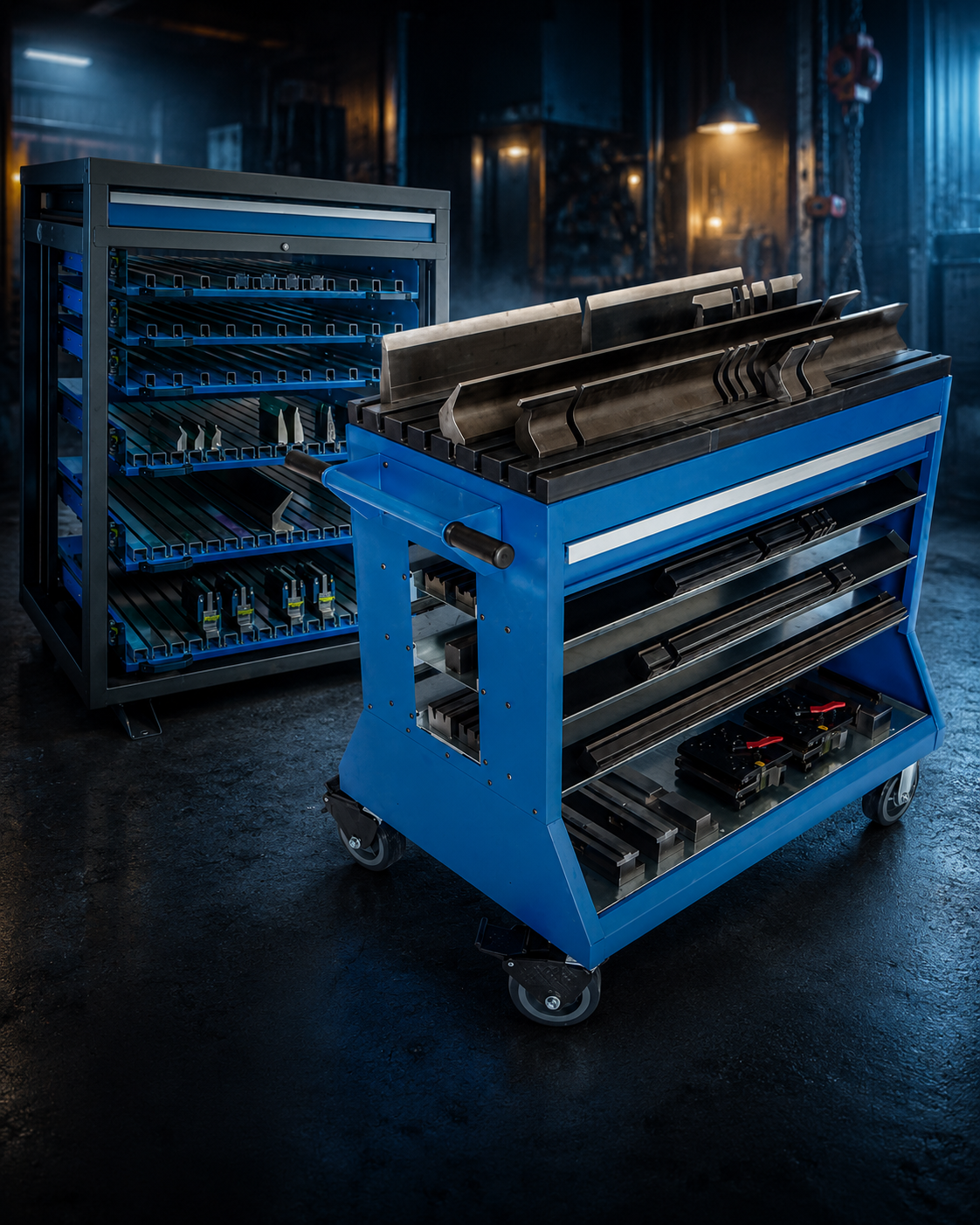 Press brake tooling carts and organized storage systems